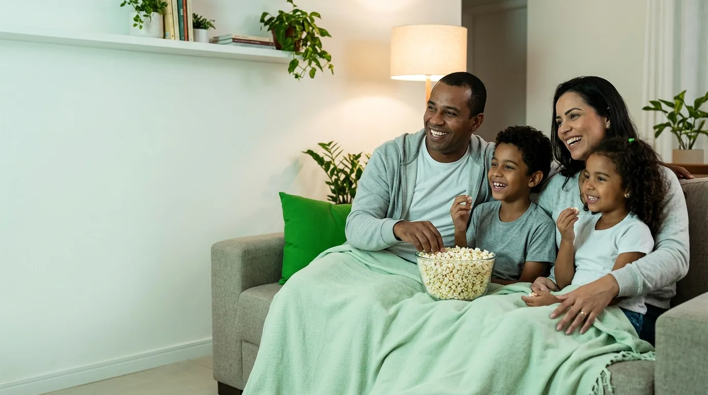 Família assistindo TV no sofá com um pote de pipoca
