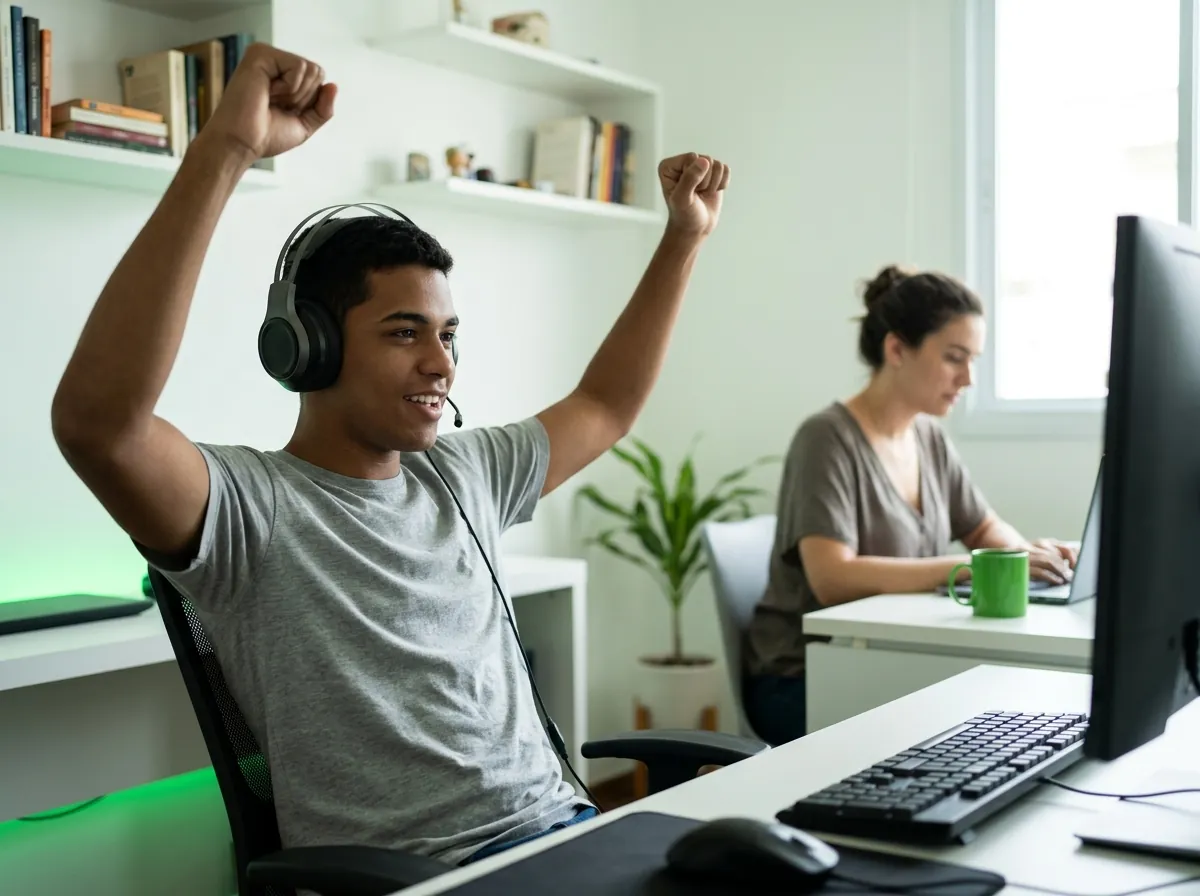 Jovem comemorando no videogame enquanto a irmã trabalha no notebook