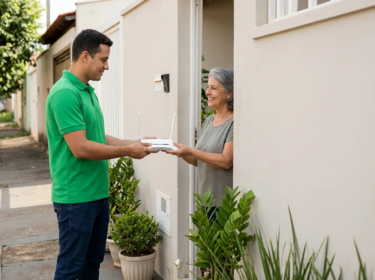 Técnico entregando o roteador Wi-Fi a uma cliente na porta de casa